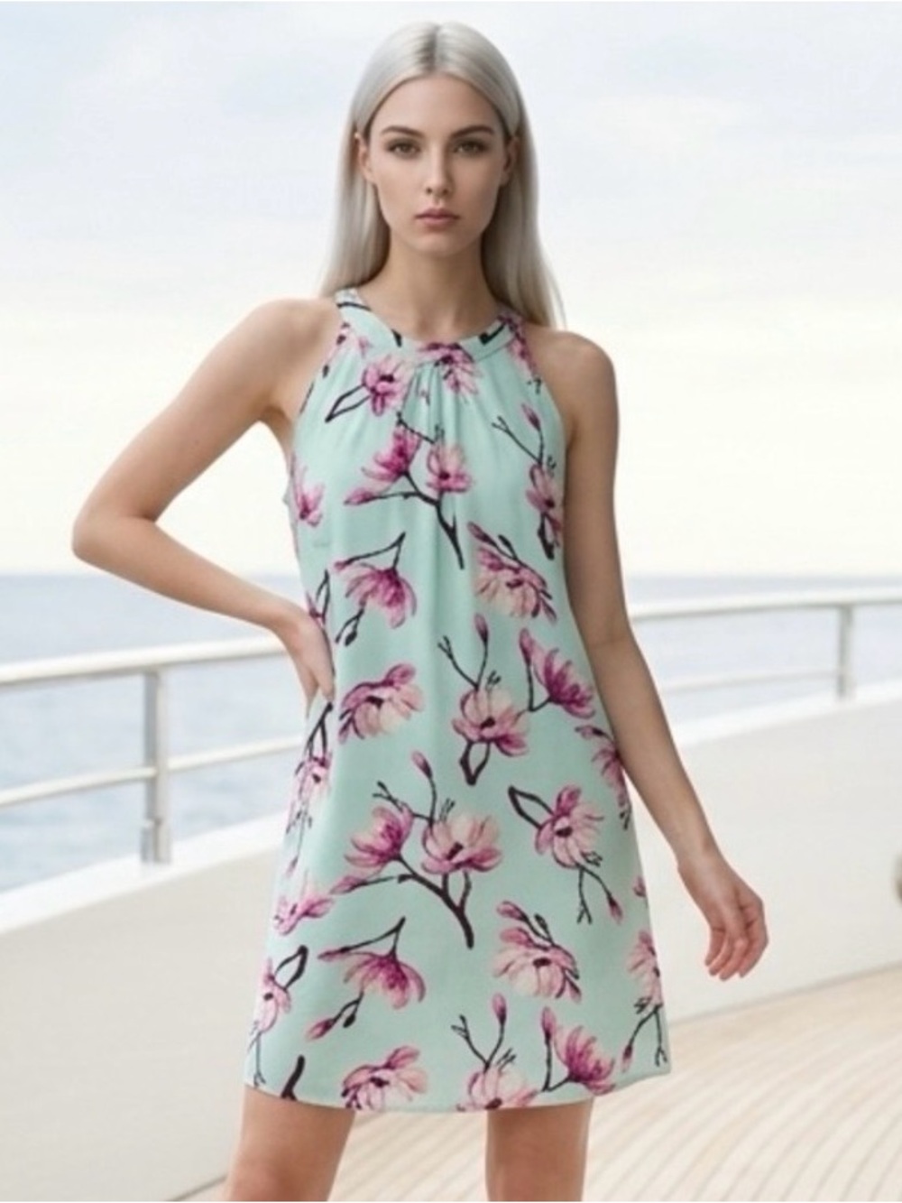 Summer Charlie Paige Halter Blossoms Floral Pastel Aqua Pink Beach Dress S/M